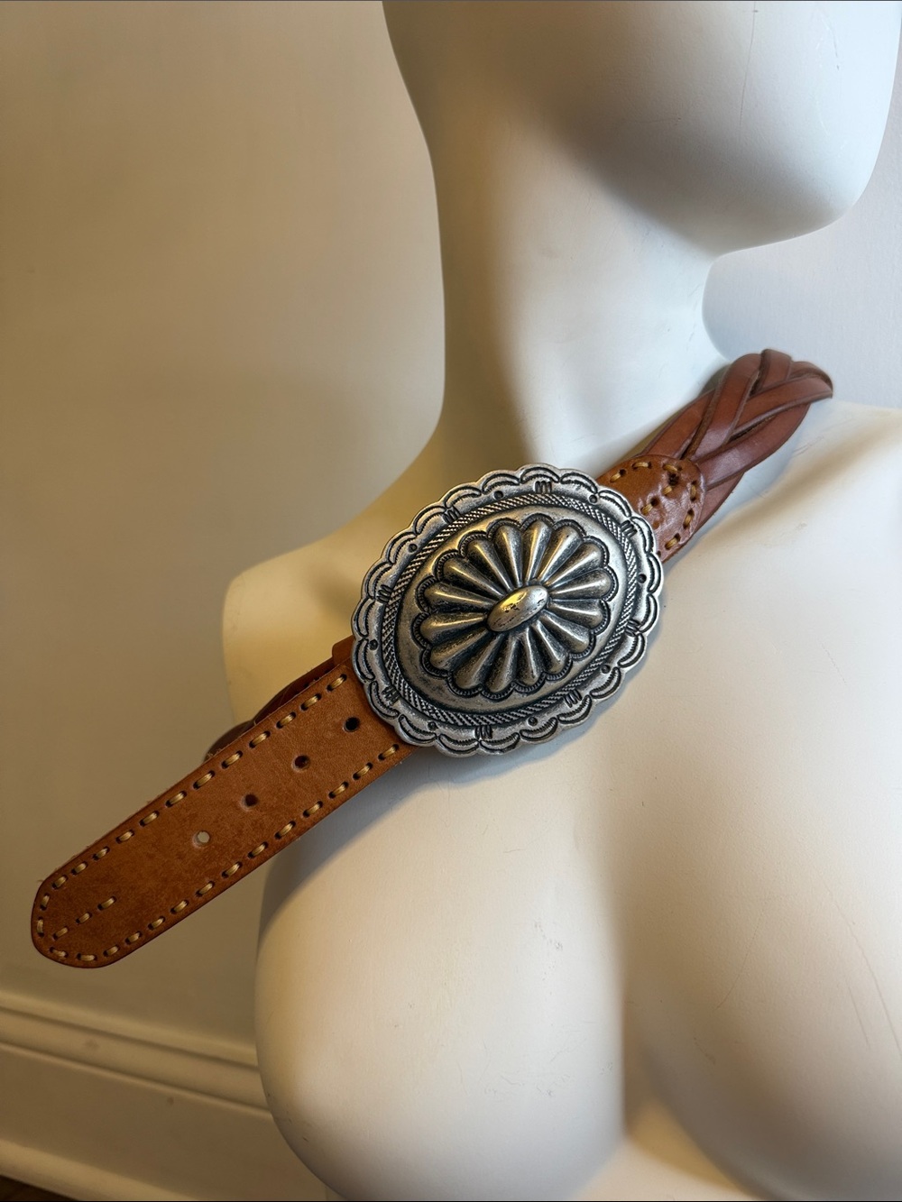 Vintage Ralph Lauren Concho Leather Belt Size S Brown Braided Leather Western - Picture 10 of 11
